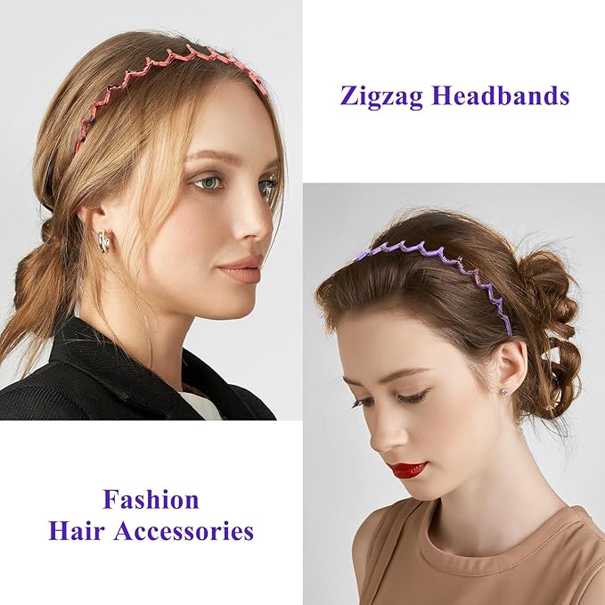 forenee 5 Pcs Plastic Zigzag Headbands for Women - Hair Bands for Women Hair Accessories, Non Slip Wave Shape, Purple, Red, Brown, Green, Blue