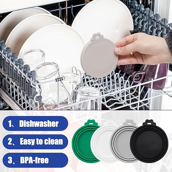PINE & LINEN 4 Pcs Durable Pet Can Lids,One fit 3 Standard Size Silicone Waterproof Cat Food Cans Lids for 3oz/5.5oz/12.5oz/13.2oz Cat Food Cans（White+Gray+Dark Green+Black）