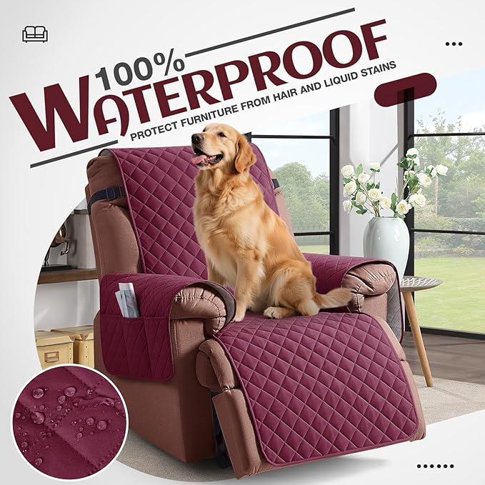 KinCam 100% Waterproof Recliner Chair Cover, Reclining Couch Covers for Pets, Dogs, Recliner Couch Slipcover Furniture Protector with Elastic Straps for Kids(23.6", Burgundy)