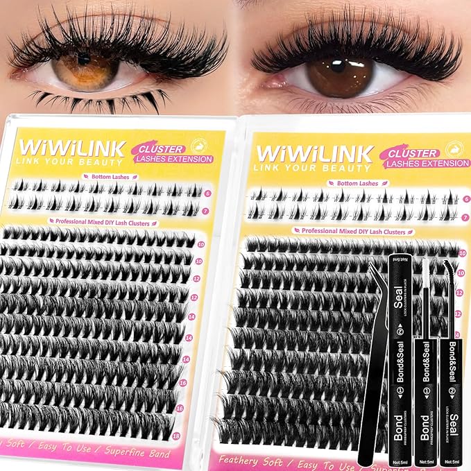 Wispy Lash Clusters Kit Eyelash Clusters with Bottom Lashes Natural 10-18mm Fluffy 40D 70D Individual Lashes Clusters Wispy Cluster Eyelash Extensions Bond&Seal D Curl DIY Lash Extension Kit