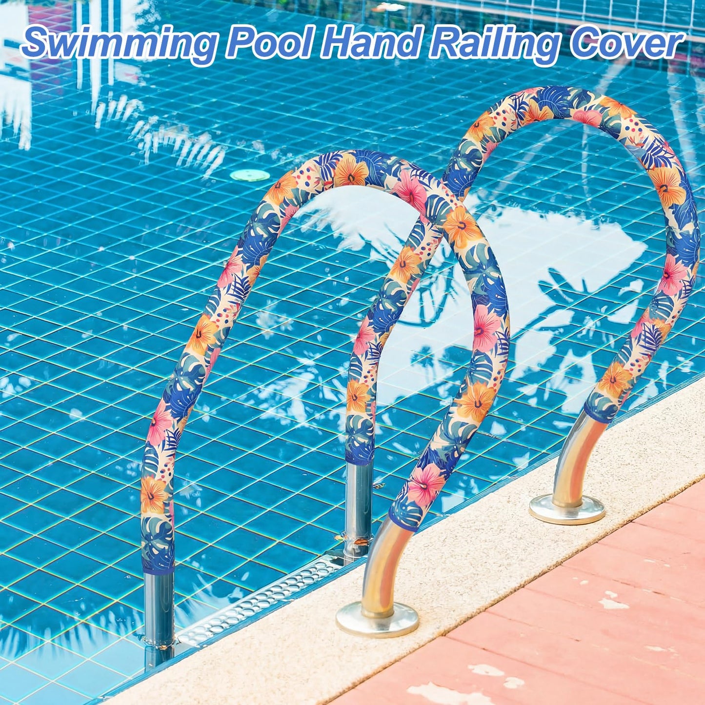 Junkin Pool Handrail Cover 8 ft Swimming Pool Ladder Hand Rail Cover with Zippers Slip Resistant Railing Hibiscus Flowers Rail Grip for Inground Pools Swimming Hand Railing