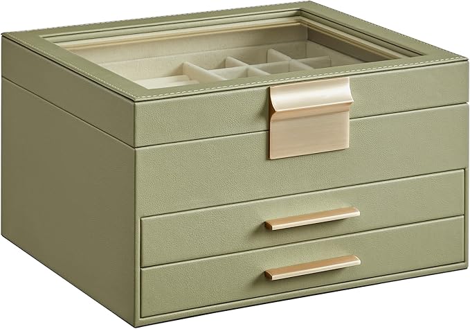 SONGMICS GISELLA Collection - Jewelry Box Organizer, 3-Layer Jewelry Storage with 2 Drawers, Shiny Metal Hardware, Glass Lid, Modern, 8 x 9.1 x 5.3 Inches, Avocado Green and Gold Color UJBC239C02