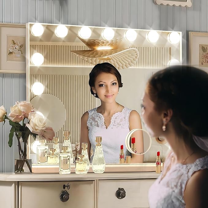 Hollywood Vanity Mirror with Lights, 15 Dimmable Bulbs, 3 Color Lights, Make Up Lighted Mirror, USB Charging Port, Valentines Day Gifts for Her, Gifts for Women Wife Teengirls（23" x 18"）