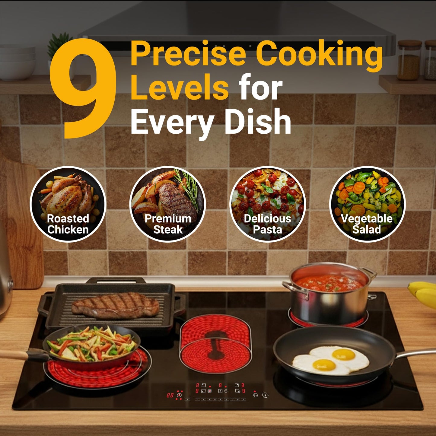 K&H 5 Burner Electric Cooktop - 30 Inch Built-In Radiant Ceramic Stove Top - 9 Power Levels & Touch Control, Compatible with All Cookware, 240V, 8600W High-Power Built-in Electric Stove, CE30-8608
