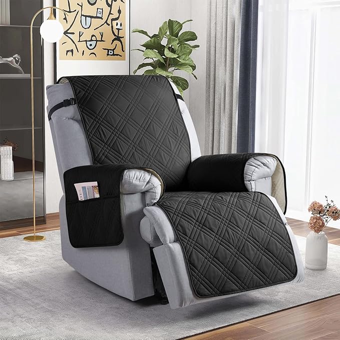 TAOCOCO 100% Waterproof Recliner Chair Covers, Non Slip Recliner Covers for Recliner Chair with Pocket, Washable Reclining Chair Cover Furniture Protector for Kids,Dogs(22'', Black)