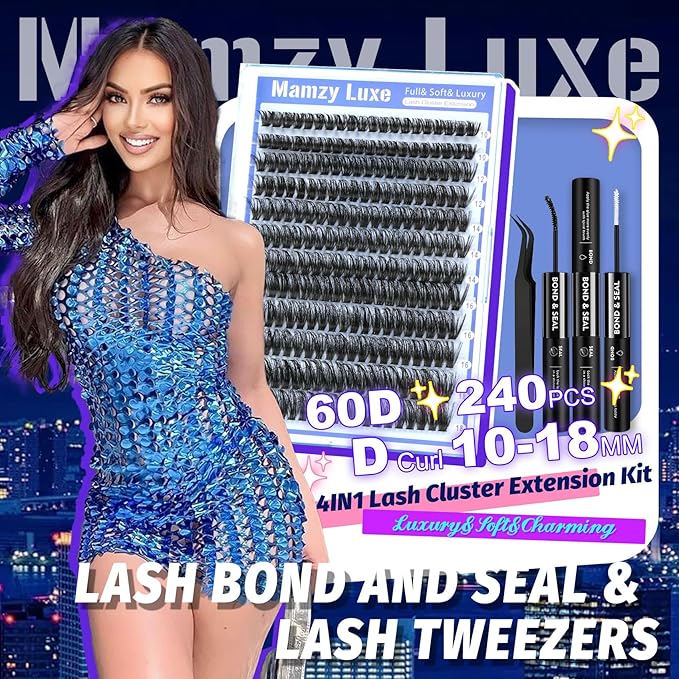 Fluff Lash Clusters Kit 60D Individual Lashes Clusters Wispy 10-18MM Eyelash Clusters Kit Full Volume False Eyelashes 3D Luxury Cluster Eyelash Extension Kit by MAMZY LUXE