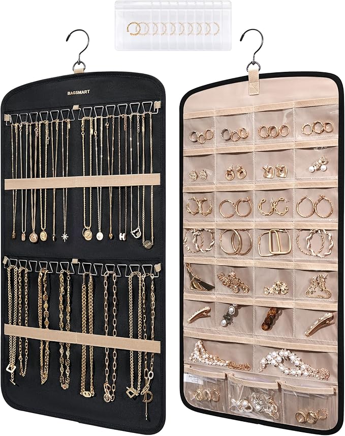 BAGSMART Hanging Jewelry Organizer, Necklace Holder Anti-tangle Earrings Rings Hanger with 10 Jewelry Bags Travel Storage Roll with Pockets Hang on Closet, Wall, Door,1 Piece, Small, Black