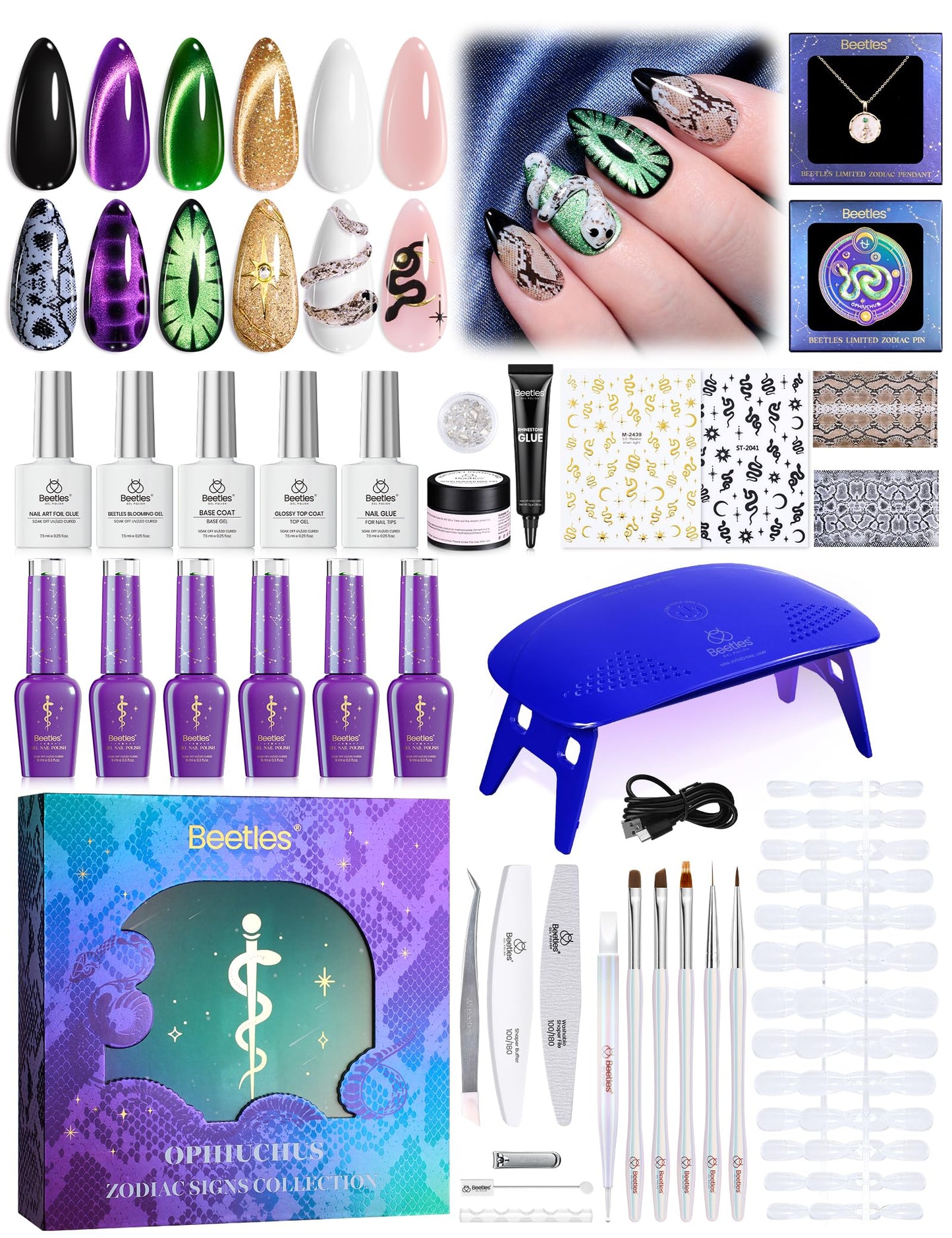 Beetles The Ophiuchus Sign Lucky Box, Ophiuchus Zodiac Gel Nail Polish Kit Nail Art Set Purple Green Gold Cat Eye Black White Gel Pink Jelly Base Top Coat Salon DIY Zodiac Gift for Women