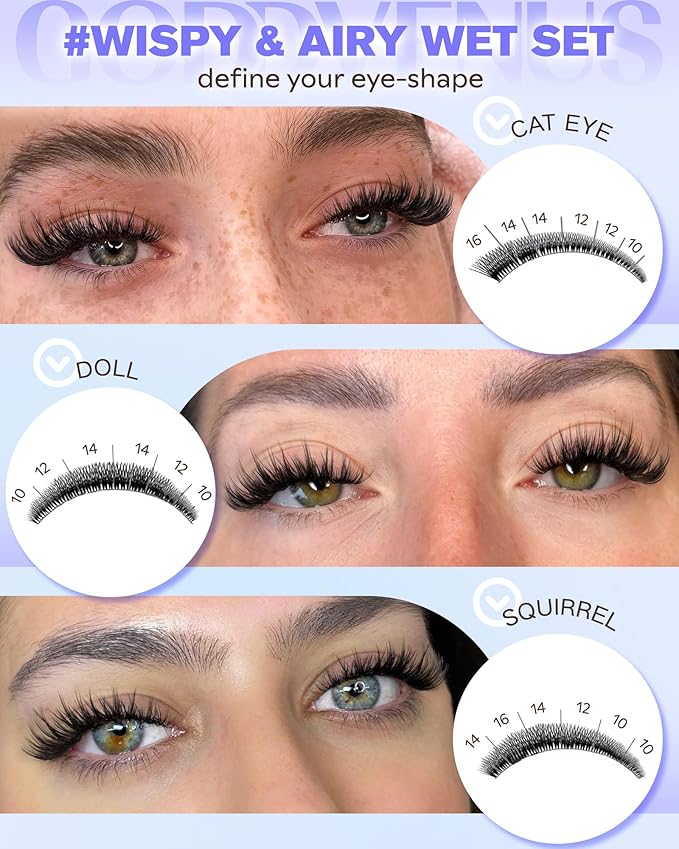 Goddvenus Wispy Lash Clusters Kit Natural Fairy Wet Eyelash Clusters Kit 300 Pcs Cluster Eyelash Extensions Kit for DIY Reusable Waterproof Individual Lash Extension (10-16mm CC Curl)