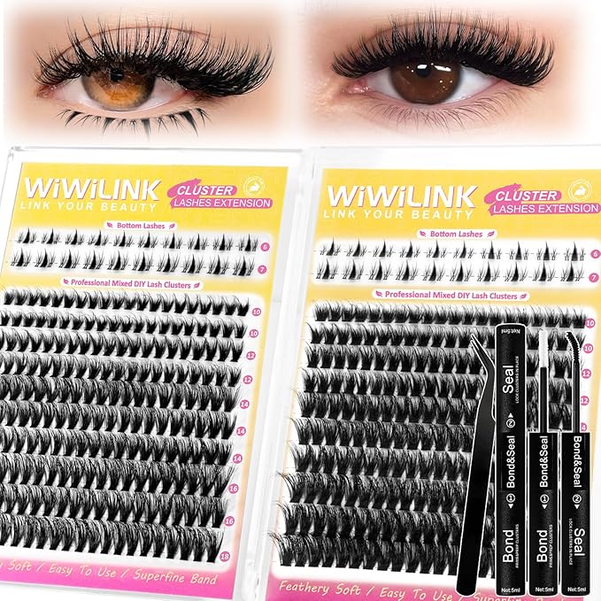 Wispy Lash Clusters Kit Eyelash Clusters with Bottom Lashes Natural 10-18mm Fluffy 40D 70D Individual Lashes Clusters Wispy Cluster Eyelash Extensions Bond&Seal D Curl DIY Lash Extension Kit
