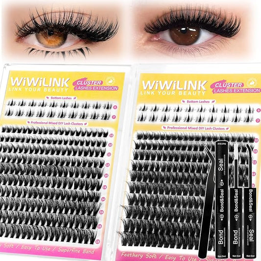 Wispy Lash Clusters Kit Eyelash Clusters with Bottom Lashes Natural 10-18mm Fluffy 40D 70D Individual Lashes Clusters Wispy Cluster Eyelash Extensions Bond&Seal D Curl DIY Lash Extension Kit