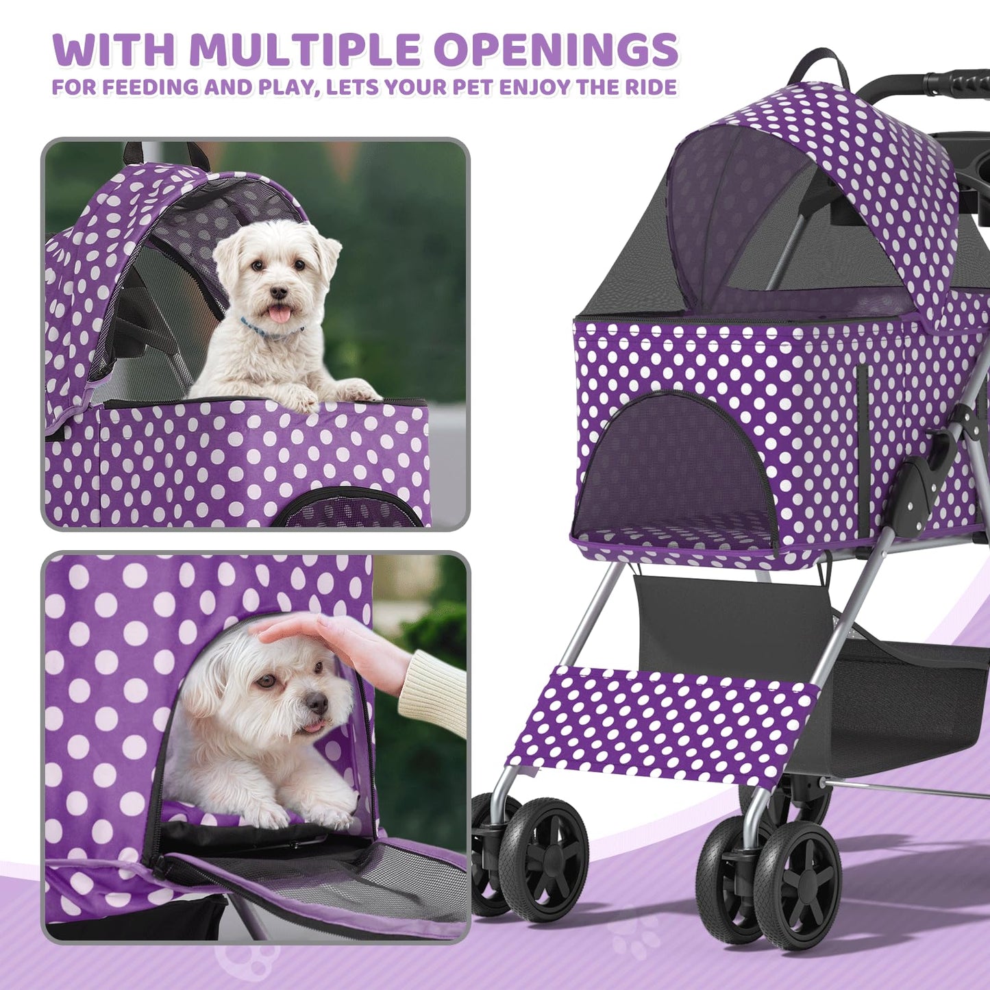 Magshion Foldable Pet Stroller, 3-in-1 Dog Travel Jogger with Detachable Carrier, Cup Holder, Storage Basket, Folding Carrier for Small/Medium Dogs & Cats Up to 33 lbs, Purple Polka Dots