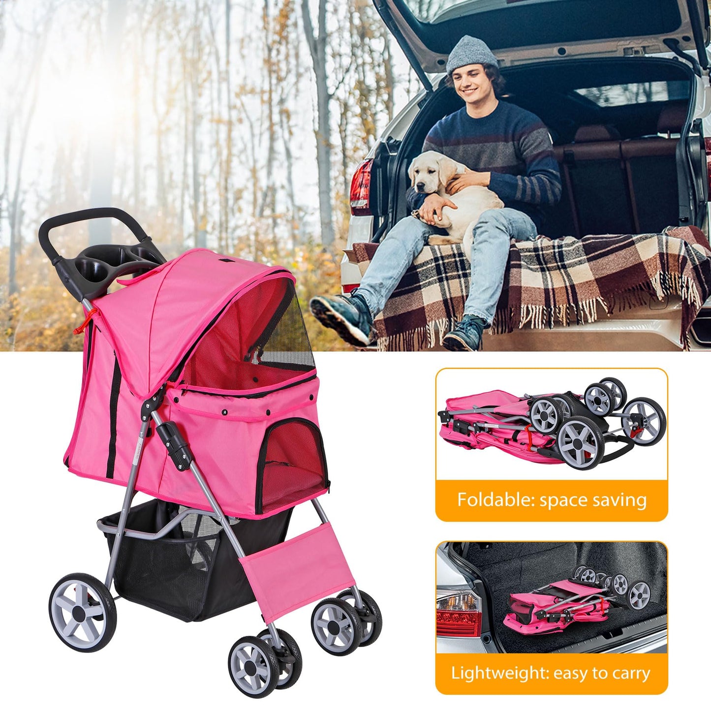 Epetlover 4 Wheels Dog Stroller Folding Pet Strolling Cart for Small Medium Cats Puppies Portable Jogger Travel Camping Puppy Carrier with Storage Basket Cup Holder, Pink