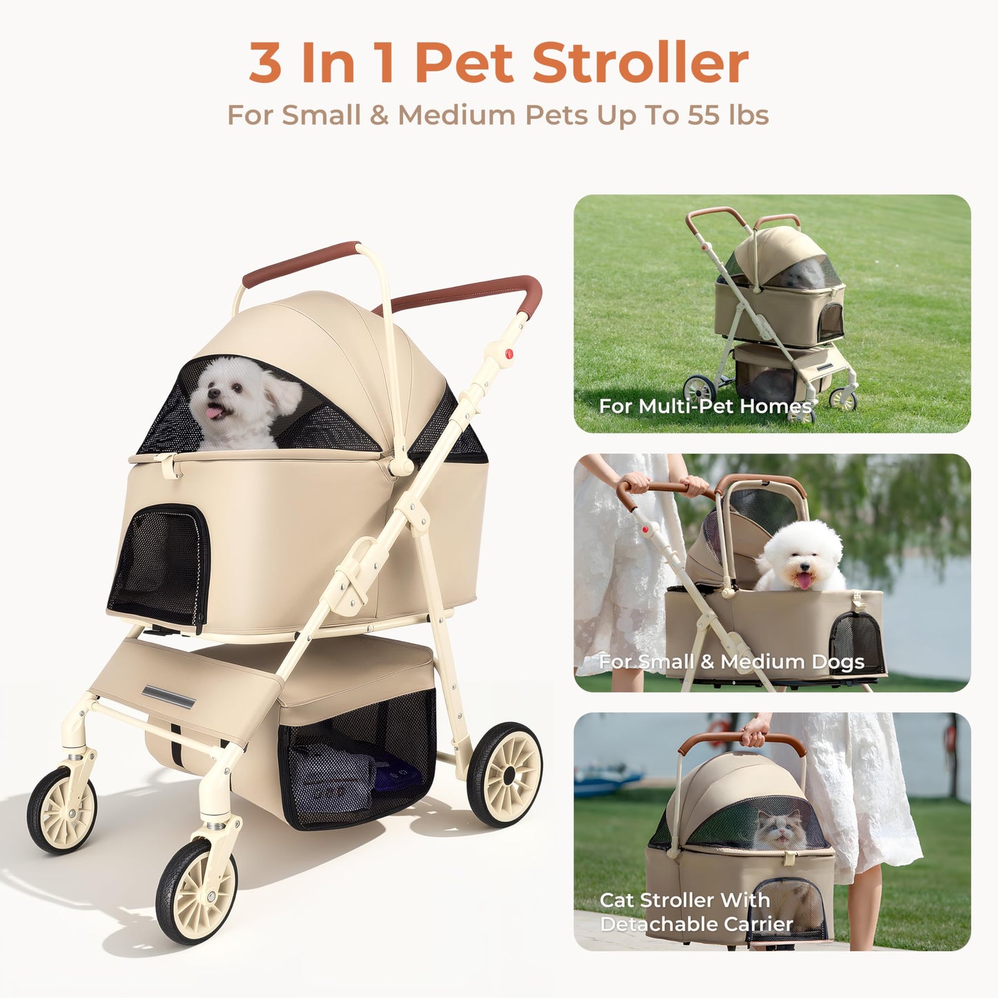 Dog Cat Stroller for Small & Medium Pets up to 55 lbs, Foldable Pet Stroller with Detachable Carrier, 4 Swivel Wheels, Adjustable Handle & Canopy