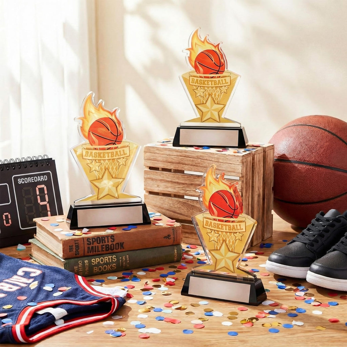 Gerrii Acrylic Trophies Awards with DIY Name Stickers Pack of 3 Champion Trophy Medals Team Reward Gift for Basketball Softball Baseball Competition Contest Tournament, 5.8/6.14/6.38inch(Basketball)