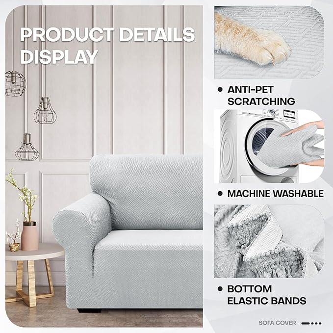 ZNSAYOTX 1 Piece Jacquard Couch Covers for 3 Cushion Couch Living Room High Stretch Sofa Cover Pets Dogs Friendly Anti Slip Thickened Slipcovers Furniture Protector (Large, New Pattern Silver Grey)