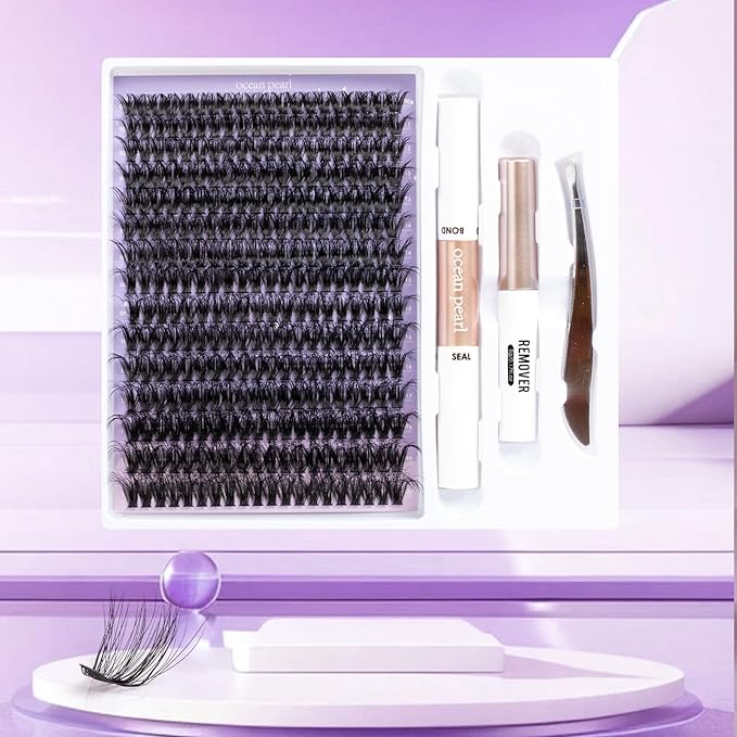 Ocean Pearl Lash Clusters 10-20mm 200D 300PCS Lashes DIY Lash Clusters Kit Individual Lashes Cluster Eyelash Extensions Natural Eyelashes DIY Eyelash Extension Kit with Bond+Seal+Remover+Tweezer-200D