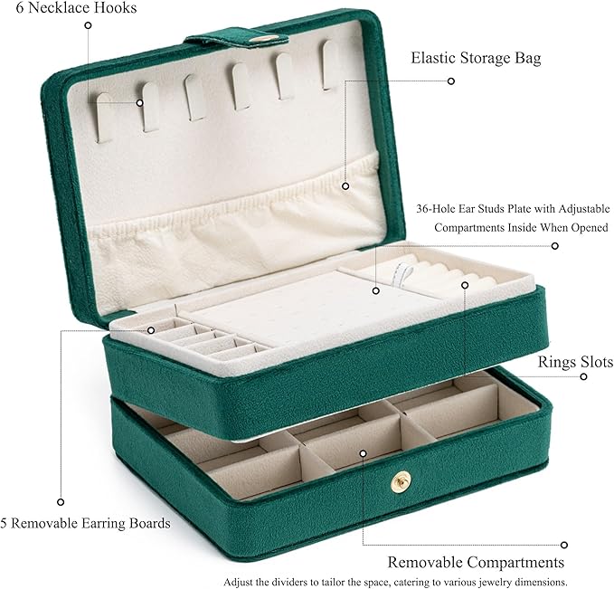 MODENGKONGJIAN Jewelry Organizer Box, 2-Layer Large Jewelry Storage Case, Portable Travel Jewelrys Display Holder for Earrings, Necklaces, Bracelets (Green,Velvet)
