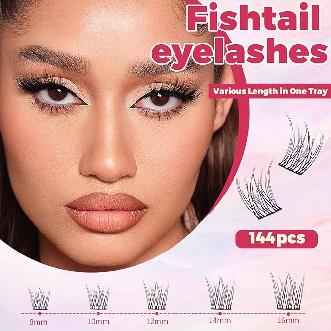 Manga Lash Clusters Kit Eyelash Clusters Eyelashes Anime Lash Clusters With Spikes Eyelash Extension Kit With Lash Bond And Seal Wet Look Spiky Cluster Lashes (Fishtail kit 144pcs)