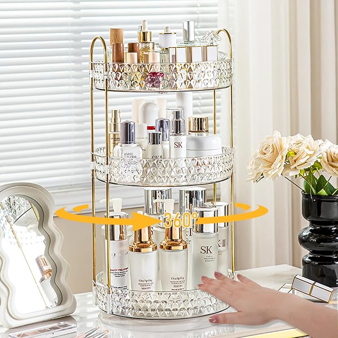 Rotating Makeup Organizer for Vanity, 3 Tier Perfume Skincare Storage for Women, Bathroom Counter Organizer, 360ÃÂ° Spinning Cosmetic Holder for Dresser Countertop, Clear