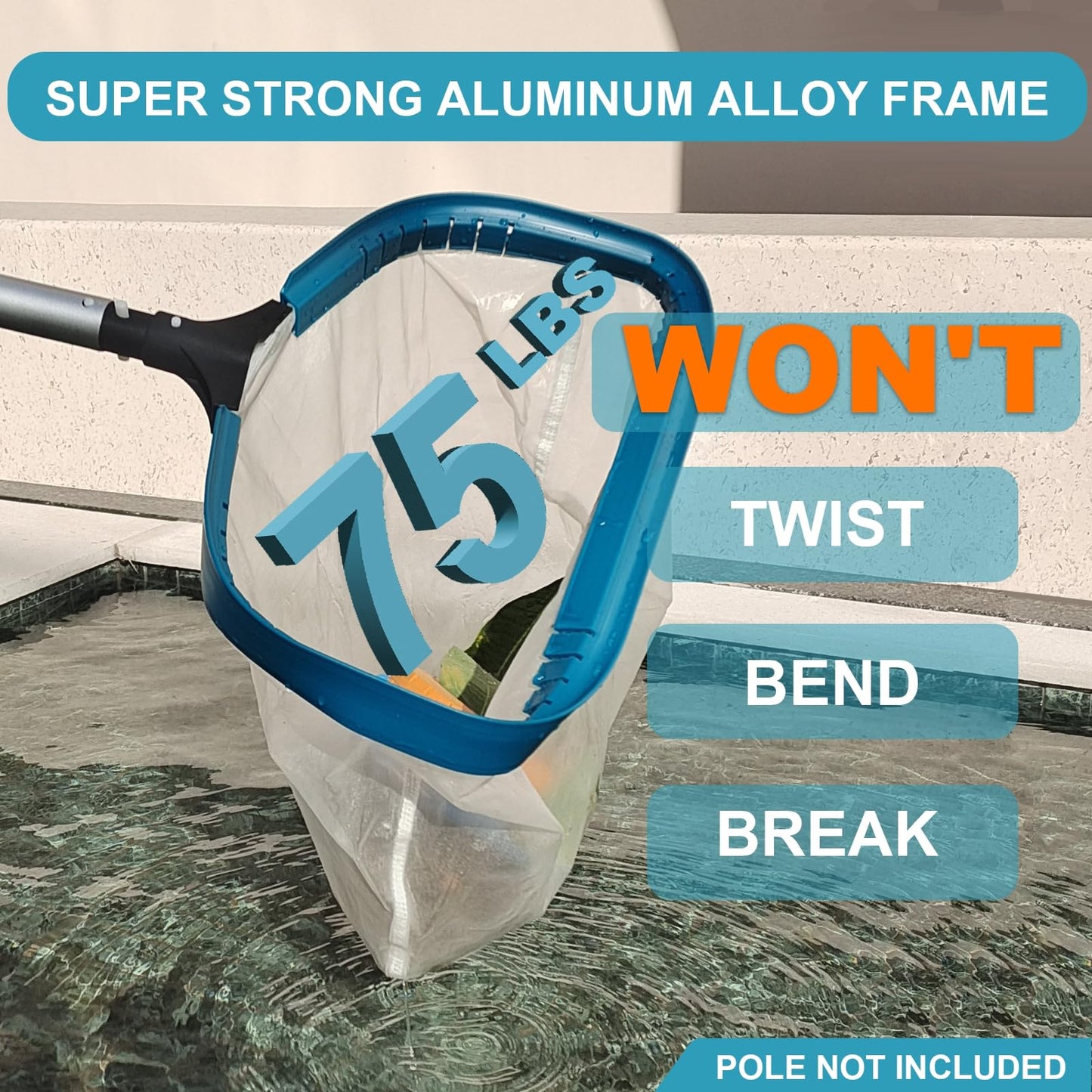 POOLWHALE Pool Net - Professional 20" Swimming Pool Leaf Skimmer Rake, Aluminum Frame Deep Nylon Bag, Ultra Fine Mesh Nets for Cleaning Leaves, Sand, Pollen, Finest Debris (No Pole)