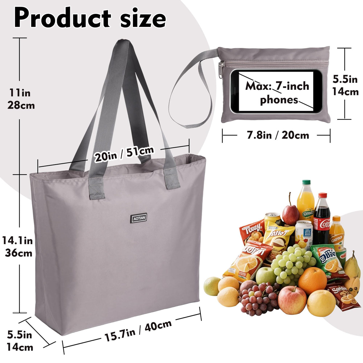 AOTIAN Heavy Duty 20 Liter Reusable Grocery Bags, Thickened Tear-Resistant Polyester Fabric Foldable Machine Washable Shopping Bags, Zipper Closure Water-Resistant Large Tote Bag Travel Gym Beach Bag