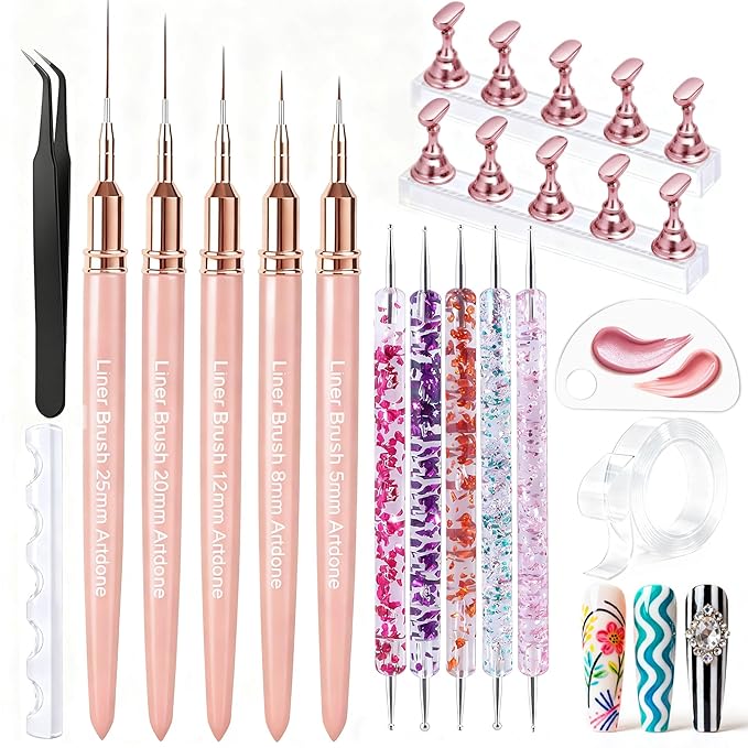 Artdone Nail Art Pens And Brushes Set With Liner Paint Dotting Tools, 11PCS Black Color Nail Tools For Long Lines, Thin Details, Fine Drawing For UV Gel Polish Design Sizes 5/8/12/20/25mm