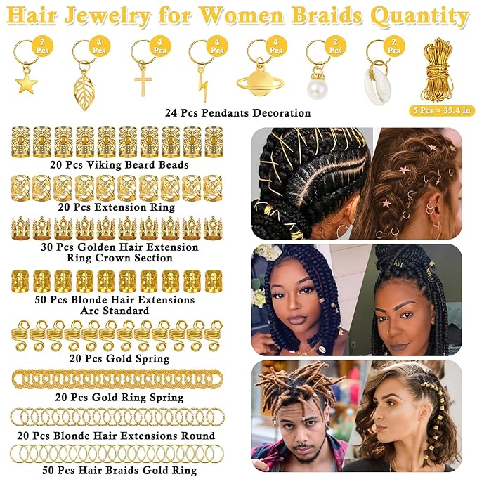 Lucomb 259 Pcs Hair Jewelry, Hair Accessories for Braids Silver Loc Jewelry for Hairs Dreadlocks Braid Jewelrys Hairs Cuffs Clips Dreadlock Accessories for Women's Loc Charms Rings Decoration