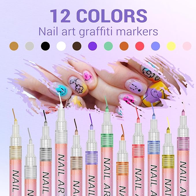 12 Color Nail Art Pens, 3D 0.7 MM Nail Polish Pens Set Drawing Painting Point Liner Acrylic Painted Pen Kit, Waterproof and Quick-drying Nail for DIY Nails Art Design Manicure Tools