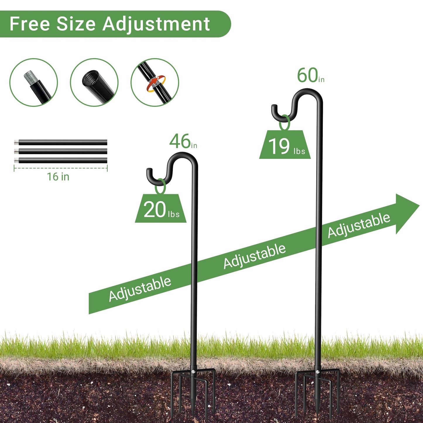 Surprizo 60" Shepherds Hooks for Outdoor, Extra Thick Bird Feeder Pole with 5 Prong Base, Adjustable Shepards Hook for Garden, Weddings, Hanging Plant