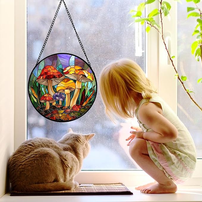 DASTOLL Stained Glass Window Hanging, Jungle Mushrooms Sun Catchers Diamond Glass Panel Hangings Plant Suncatcher Decor for Birthday for Women, Men, Wife, Aunt, and Mom 9.8 in