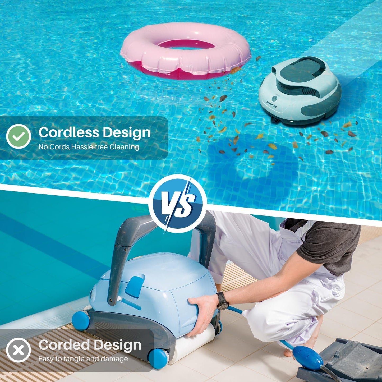 POOLPURE AquaGuard SE II Cordless Pool Vacuum, Dual Motor, 5000mAh Battery, 120 Minutes Runtime, Blue, 1000 Sq Ft Coverage, Automatic