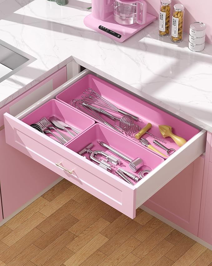 10 Pack Large Size Plastic Drawer Organizers Set, 3 Sizes Desk Drawer Organizer Trays, Storage Bins for Vanity, Makeup, Bathroom, Kitchen Utensils and Office (Pink)