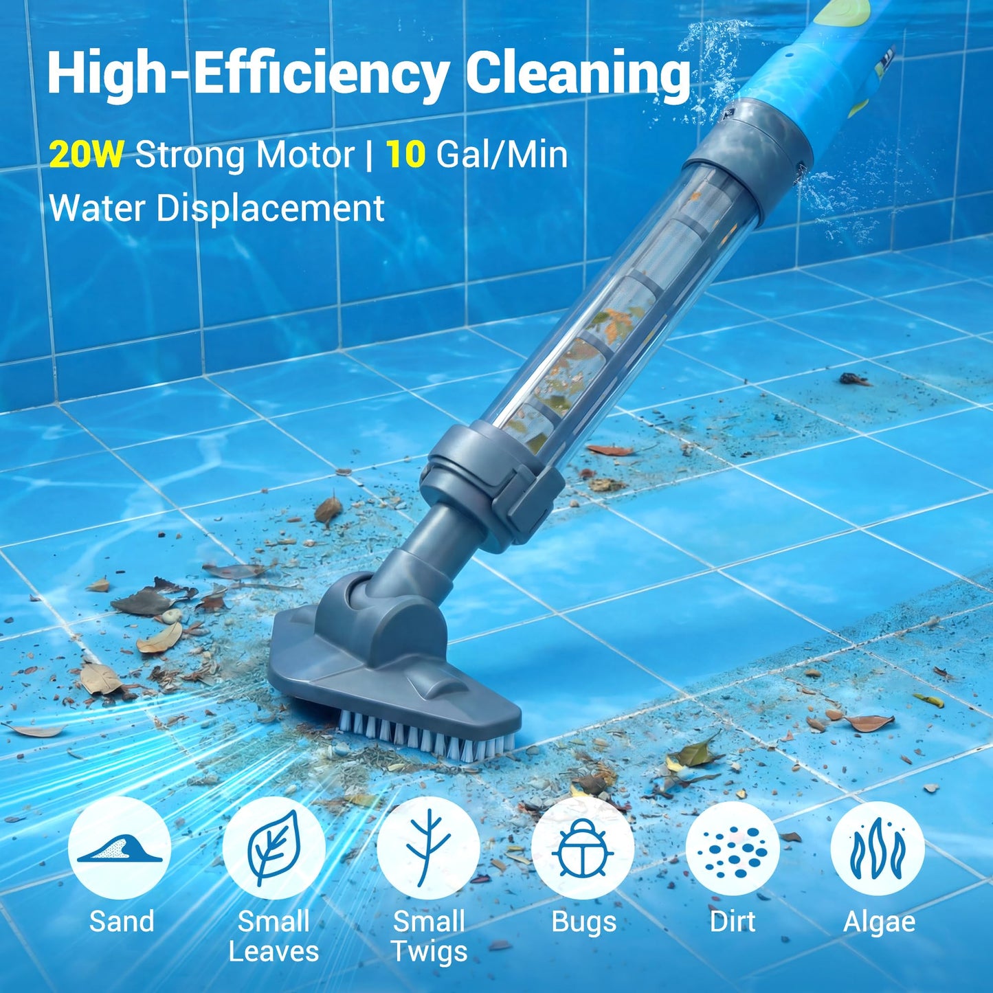 Hushlight Spa Vacuum for Hot Tub, Cordless Pool Vacuum for Above Ground Pool, Lightweight Handheld Pool Cleaner with 2 Brush Heads, Rechargeable Stick Spa Cleaner (Blue)