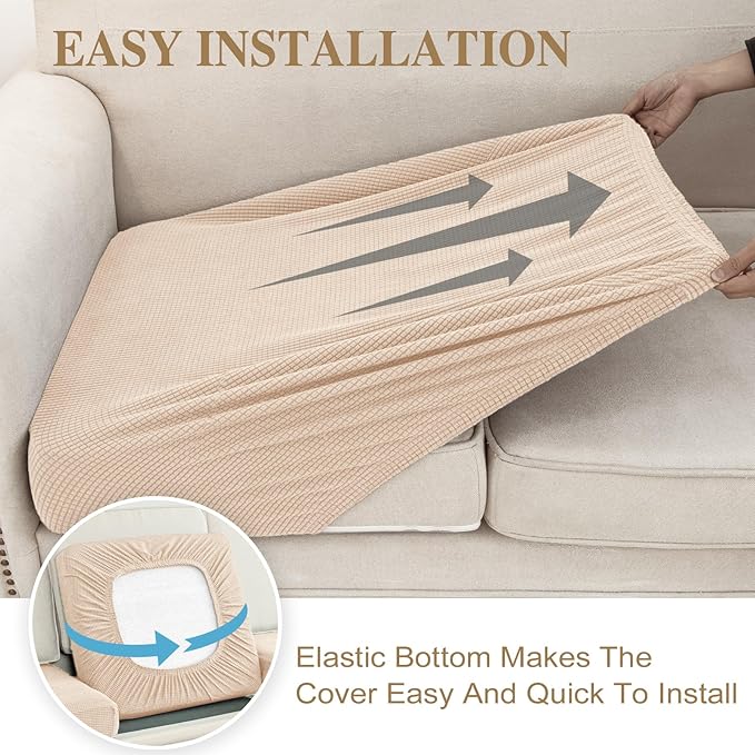 Couch Cushion Covers for Sectional Sofa L Shape Washable Separate Seat Chaise Couch Cover Stretch Sofa Slipcovers with 2 Pcs Pillowcases(2 Seater + 1 Chaise, Natural)