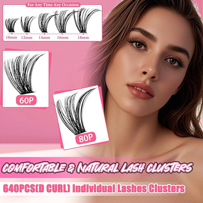 Lash Extension Kit Lash Clusters Kit 640Pcs Volume Eyelash Clusters C Curl Lashes Clusters DIY Cluster Eyelash Extensions With Lash Bond and Seal Lash Tweezers