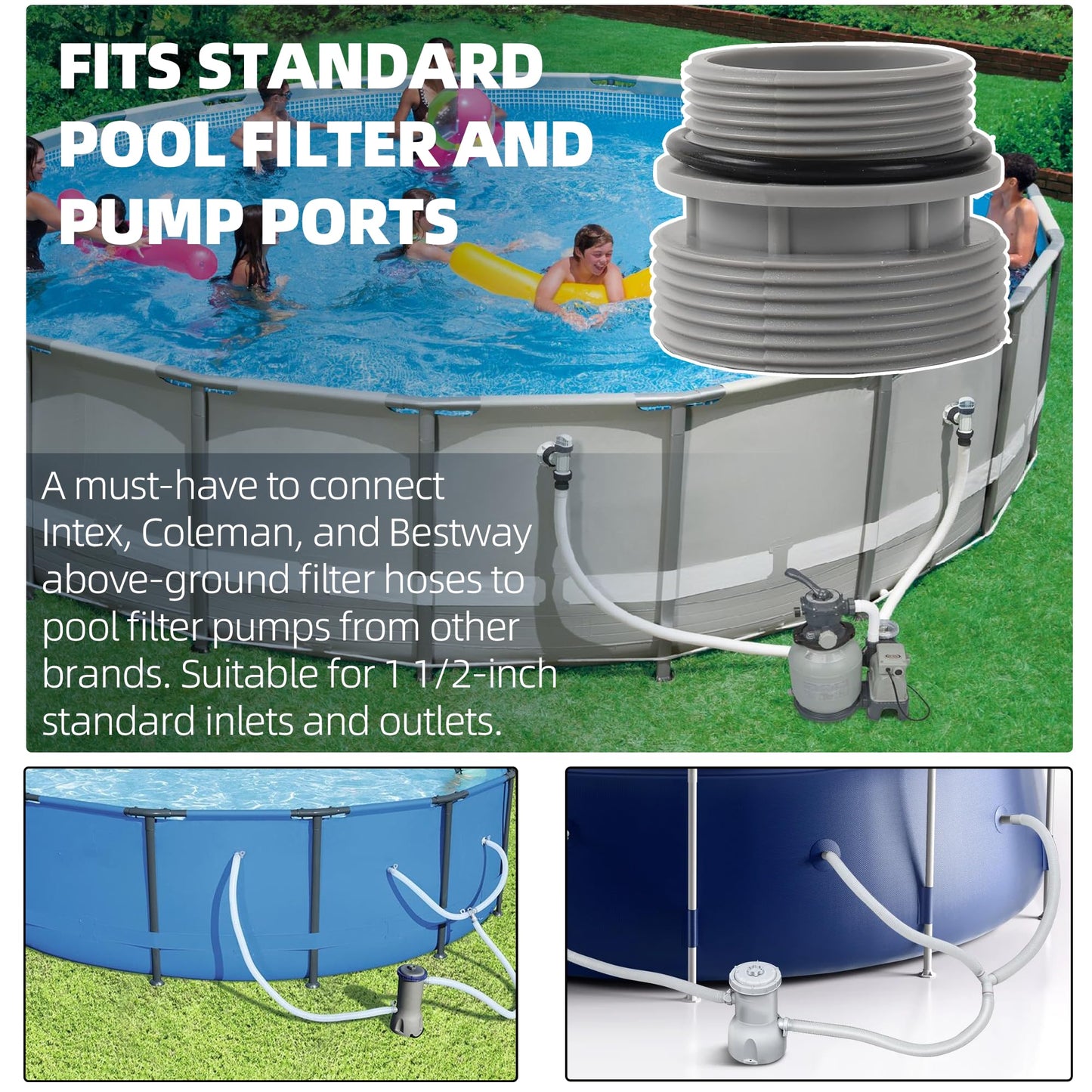 TonGass (4-Pack) 40mm to 1 1/2" Filter Hose Conversion Kit, Above Ground Pool Adapter Connects 40mm Hoses to Standard 1 1/4" or 1 1/2" Filter Ports