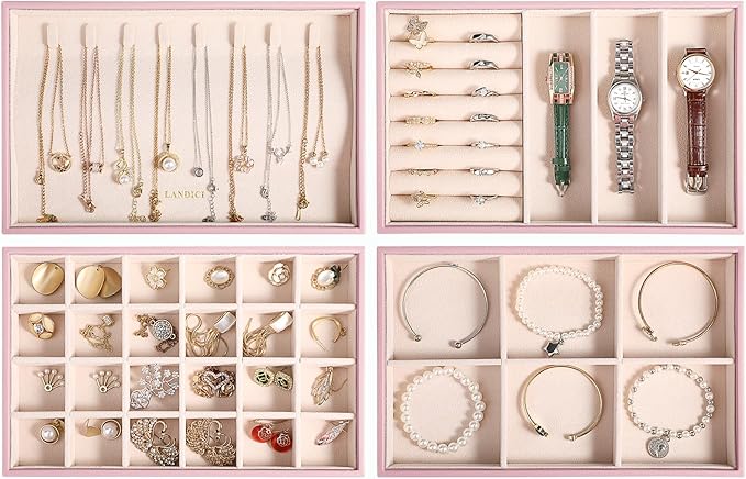 LANDICI Stackable Jewelry Organizer Trays 4 Set,PU Leather Jewelry Organizer Drawer,Jewelry Storage Display Tray for Earring Necklace Rings Bracelet with Removable Dividers,Rose Gold
