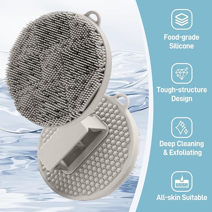 Silicone Body Scrubber for Shower, Silicone Loofah Body Buffer with Dense Bristles and Comfort Handle, Exfoliating Body Scrubber Shower Scrubber for Good-Lathering & Deep Cleansing(LGray)