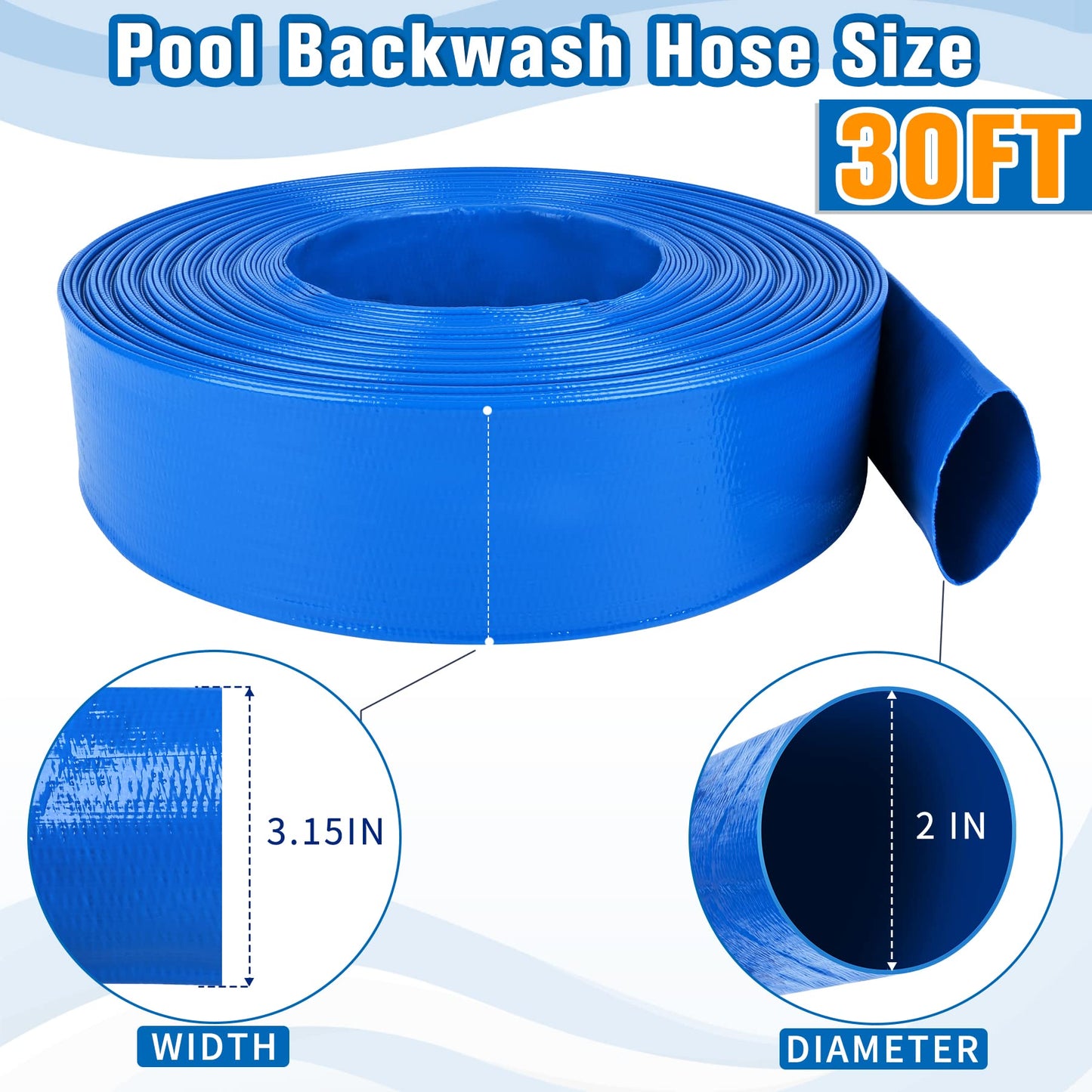2 IN x 30FT Pool Backwash Hose Heavy Duty Drain Discharge Double PVC Layflat Hose with 2 Clamps, Weatherproof Burst Resistant for Water Transfer, Sump Pump, Pool Filter, Pool Drain (9.2M,Blue)