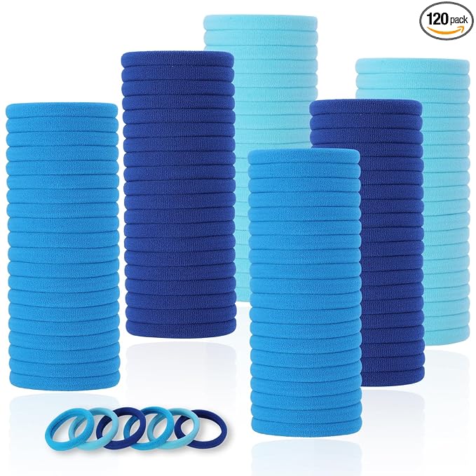 LuSeren 120 Pcs Blue Hair Ties for Women, No Damage Soft Seamless Nylon Hair Elastics for Thick Hair, Ponytail Holders, 3 Gradient Blue Hair Accessories