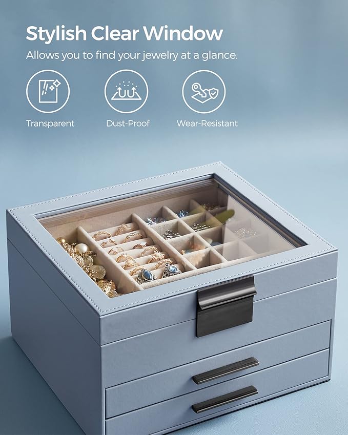 SONGMICS GISELLA Collection - Jewelry Box Organizer, 3-Layer Jewelry Storage with 2 Drawers, Shiny Metal Hardware, Glass Lid, Modern, 8 x 9.1 x 5.3 Inches, Smoky Blue and Silver Color UJBC239BU