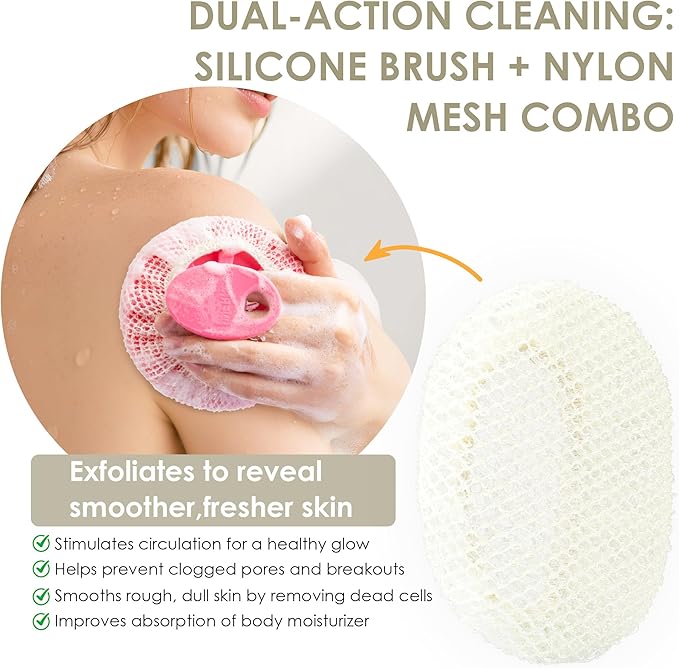 INNERNEED Food-Grade Soft Silicone Body Scrubber Shower Brush Handheld Cleansing Skin Brush, with Exfoliating Net Sponge Case (Pack of 4)