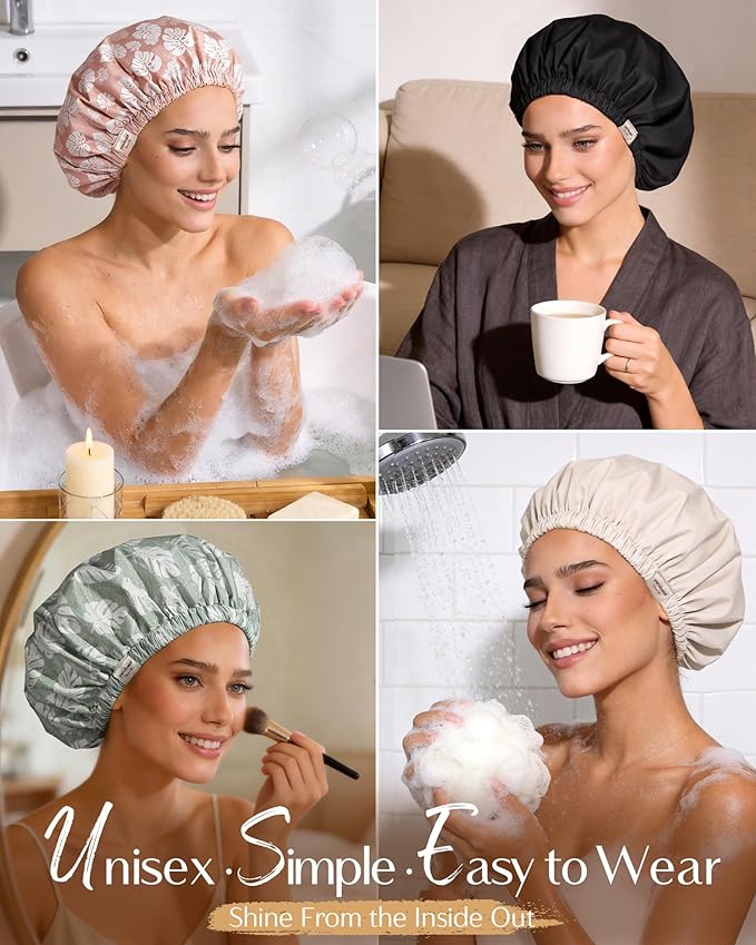 Yanibest Satin Lined Shower Cap for Women Reusable Waterproof, Frizz Free & Large Bath Cap with Soft Elastic Band, Luxury Hair Protection Caps (Pink Leaves)