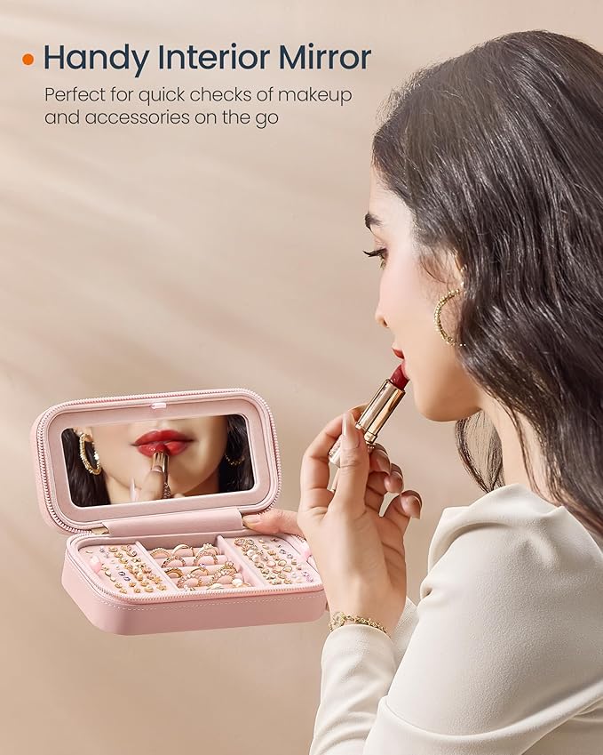 SONGMICS HOME Travel Jewelry Case, Travel Jewelry Box Organizer with Mirror, 4.1 x 8 x 2.4 Inches, Stitching, Portable, Gift Idea, Jelly Pink UJBC180S01