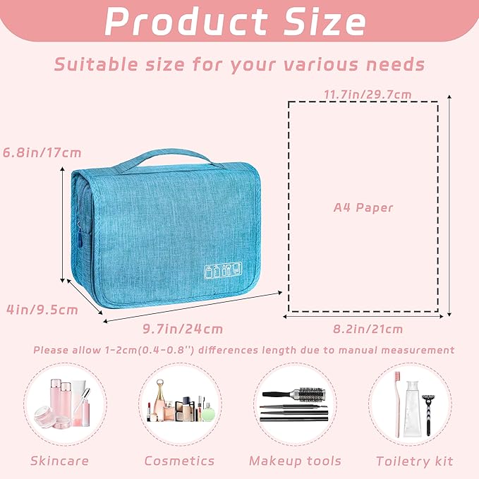 Toiletry Bag Travel Bag with Hanging Hook, Waterproof Capacity Hanging Multifunctional Makeup Bag for Toiletries, Portable Cosmetic Bag Travel Organizer for Women and Men(Sky Blue)
