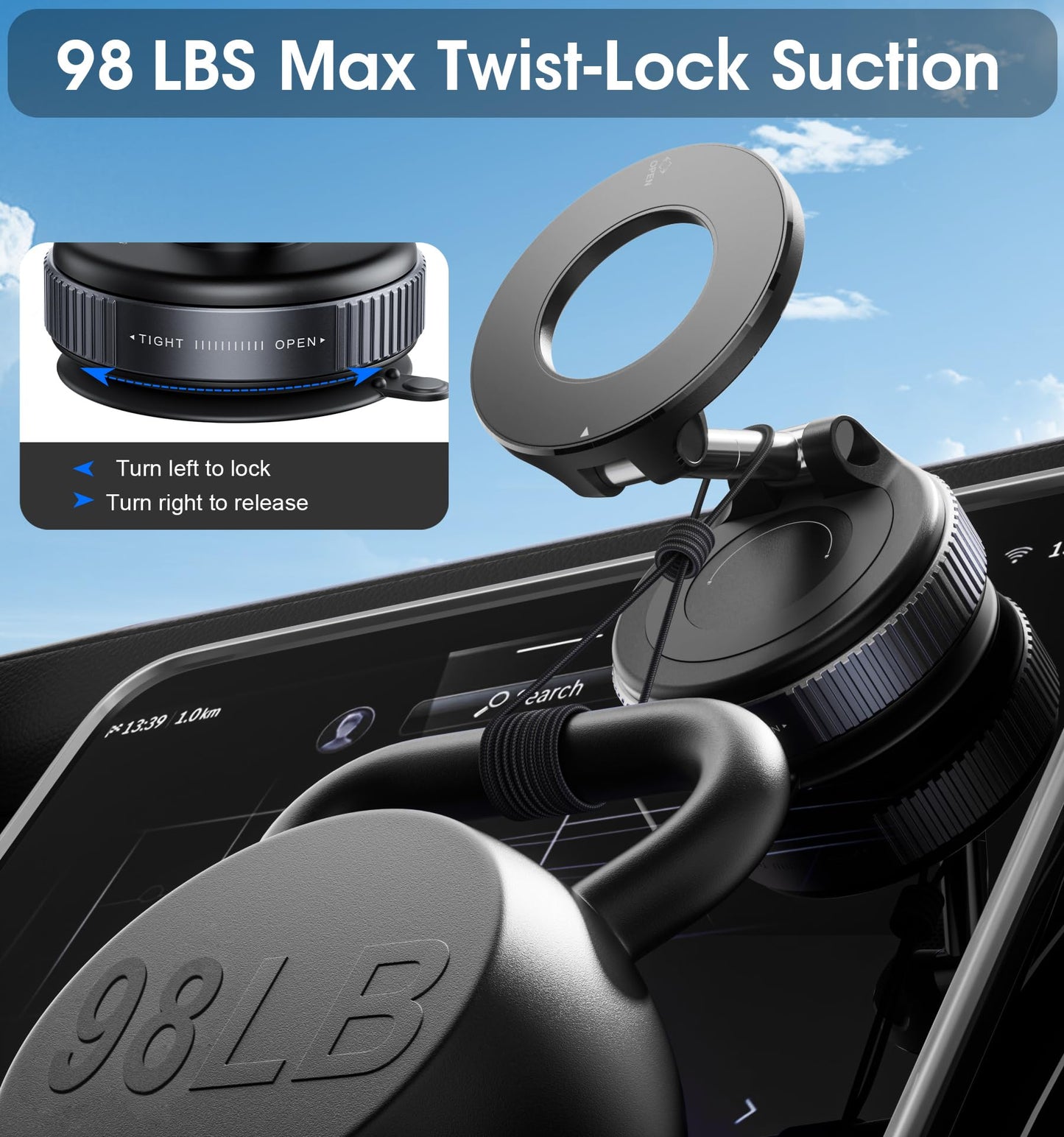 REOKILY 2026 Upgraded Vacuum Magnetic Car Phone Holder 360° Reinforced 96LBS Ultra Suction Cup Phone Mount for MagSafe Cell Phone Holders for Your Car/Gym/Mirror Mount for iPhone & Android