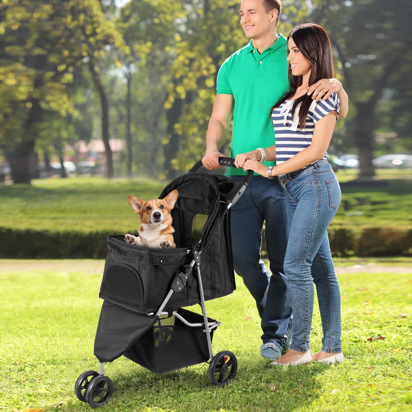 Foldable Pet Stroller for Cats and Dogs 3 Wheels Carrier Strolling Cart with Weather Cover, Storage Basket + Cup Holder (Black)