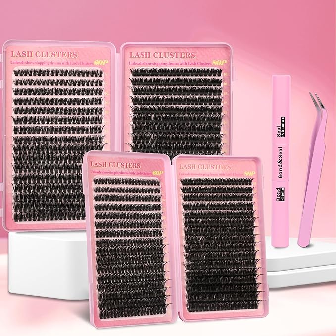 Lash Extension Kit Lash Clusters Kit 640Pcs Volume Eyelash Clusters C Curl Lashes Clusters DIY Cluster Eyelash Extensions With Lash Bond and Seal Lash Tweezers