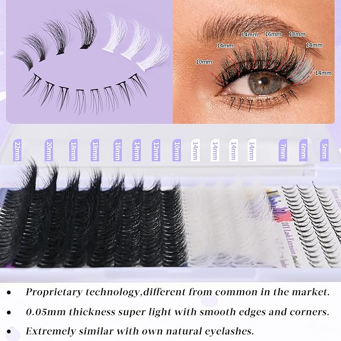 Wispy Lash Clusters with Bottom Lashes Black and White Eyelashes 10-22mm Thick Cluster Eyelash Extensions 294Pcs Wispy Individual Lashes with White Eyelash Clusters Plant Fibers Lashes Clusters